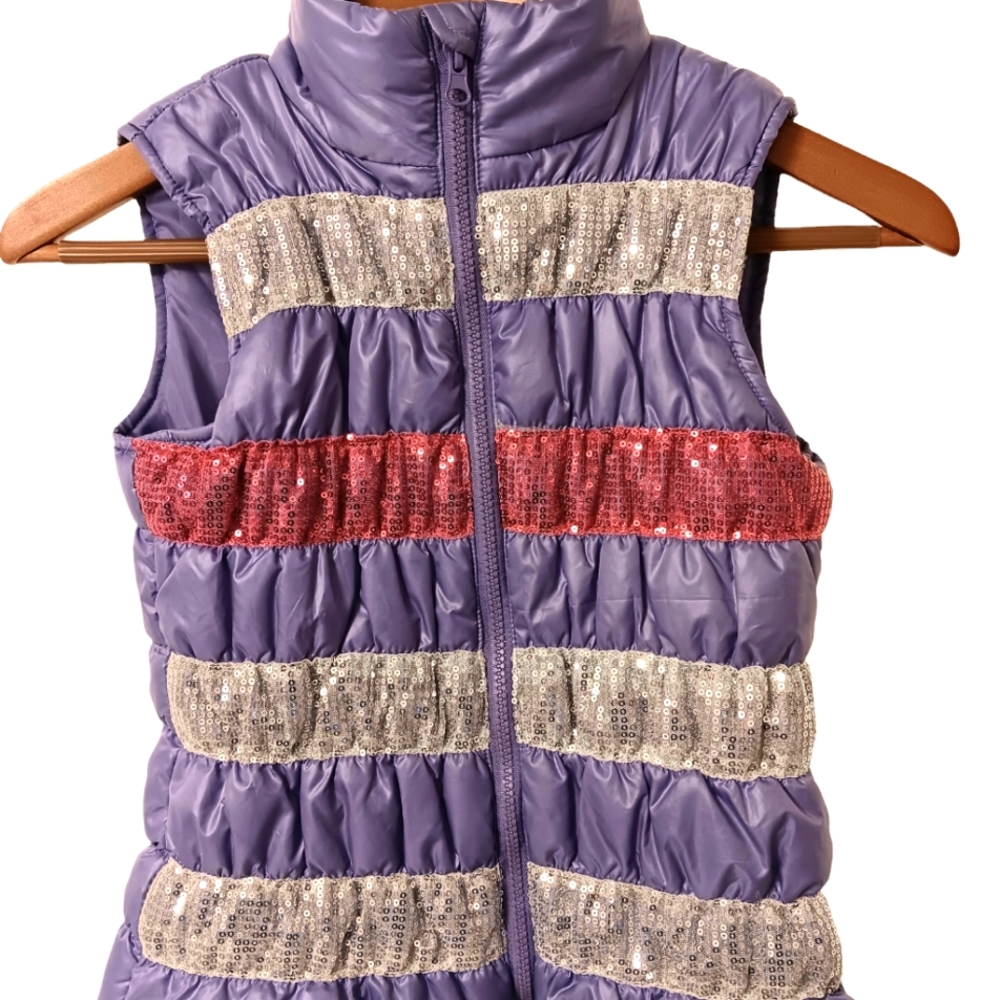 Girl's Heart N Crush Puffer Sequin Vest Sz 10/12 Lavender w/ Pink & White Sequin